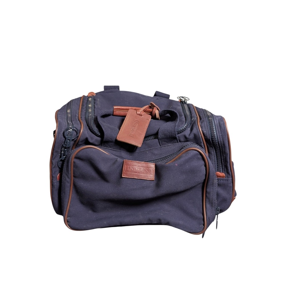 Lands' End Square Rigger Duffel Bag Navy Blue Canvas Leather Trim Travel Luggage